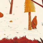 Vier braune Bären im Wald: Einer versteckt sich, zwei scherzen, der andere sitzt. Umgeben von Bäumen und Sträuchern.