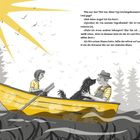 Text: Gespräch zwischen zwei Personen über einen Urgroßonkel. Illustration: Ein Junge mit Hund und Mann im gelben Boot.