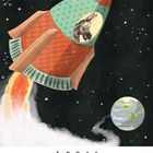 April-Kalender: Ein Esel blickt aus einem bunten Raketenfenster im Weltraum, Erde im Hintergrund.