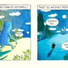 Zwei Panels mit einem blauen Monster, das nachts im Wald tanzt. Ein Pinguin kommentiert: "Einfach so?" und "What a show!".