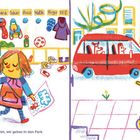 Texte: Fritzi, Jojo, Noel, Amina, Zara, Oskar, Rosa, Malik, Hugo, Elli; Fritzi's Oma ist da! Illustration: Kind verlässt Schule, ältere Dame mit Roller.