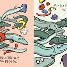 Links "Rückenschwimmen, Paddeln, Kraulen" und rechts "Mit der Strömung zieht der Aal". Comicstil, viele Aale.