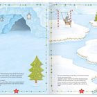 Links: Weihnachtsbaum steht fest. Eiswürfel, Lichterkette. Rechts: Pinguin auf Schaukel, Sonne kitzelt Nase. Eisschollen, Wasser.