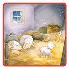 Illustration eines Stalls mit schlafenden Schafen im Stroh, dazu ein Lamm mit Glocke. Eine Heugabel lehnt an der Wand.