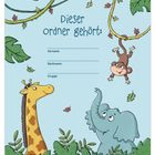 "Dieser Ordner gehört: Vorname, Nachname, Gruppe." Illustration von Dschungeltieren: Giraffe, Elefant, Affe in Blättern.