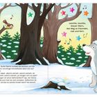 Ein kleiner Wolf mit Weihnachtsmütze sitzt im verschneiten Wald. Bunte Sterne und singende Vögel umgeben ihn.