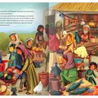 Damals lebte in der kleinen jüdischen Stadt Nazareth eine junge Frau namens Maria. Belebter Markt mit fröhlichen Menschen.