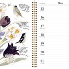 Kalenderseite; März, Woche 11. Links: Blumen und Vögel. Texte über das Zwitschern und den Gesang von Vögeln.