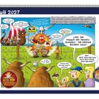 Eine bunte Illustration mit Wikingern, Kühen und Menschen. Texte enthalten humorvolle Dialoge über Wikinger und Flüsse.