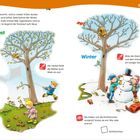 **Wenn der Herbst kommt**, der Herbst färbt die Blätter. **Winter**, male die Eiskristalle aus. Kinder spielen, ein Baum.