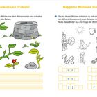 Titel: Doppelte Selbstlaute (Vokale) und Mitlaute (Konsonanten). Links ein Wörtergarten mit Vokalen, rechts graue Illustrationen.