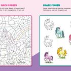 MALEN NACH FARBEN, PAARE FINDEN. Einhörner zum Ausmalen und Verbinden. Buntes und schwarz-weißes Einhorn-Bild.