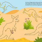 Text: "Mit ihren kräftigen Beinen können die Kängurus weit springen. Das Känguru-Baby fühlt sich im Beutel der Mutter sicher und schaut neugierig heraus." Illustration zeigt springende Kängurus, Punkt-zu-Punkt-Stil. Grünpflanzen, rosa Blumen.