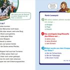 Links: Info über Wappen von Rittern. Rechts: Karls Lesequiz mit Fragen über Ritter. Illustration oben rechts.