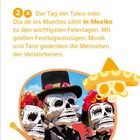 1c Aserbaidschan. 2a Der Tag der Toten oder Día de los Muertos zählt in Mexiko zu den wichtigsten Feiertagen. Illustration mit Skelettmasken, Sombrero und Gitarre in bunten Farben.