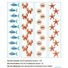 Logo eines Segelboots und der Text "Lösung". Zahlenreihen von Fischen, Krebsen, Muscheln, Seesternen. Anleitung unten aufgeführt.