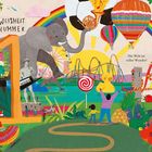 Text: "Weisheit Nummer 1" und "Die Welt ist voller Wunder!". Illustration mit Elefant, Lutscher, Ballons und Regenbogen.