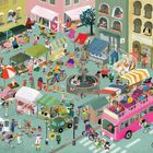 Markise "Fisch" und "Blumen"; bunte Straßenmarkt-Szene mit tierischen Figuren, ein Bus, Stände und spielende Tiere.