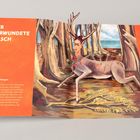 Texte: "DER VERWUNDETE HIRSCH", "Im Schmerz gefangen". Illustration eines blutenden Hirsches mit Frauenkopf und Pfeilen im Körper.