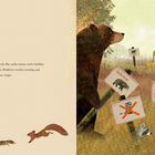 "Der große Bär stellte immer mehr Schilder auf. Die Waldtiere wurden unruhig und bekamen Angst." Ein Bär, Schilder, Tiere.