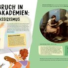 Aufbruch in die Akademien: Neoklassizismus. Links zwei Figuren malend. Rechts Angelika Kauffmann an einer Skulptur.