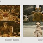 Links oben: Szene mit vielen Tieren an einem Esstisch.  
Rechts: Tiere in formeller Kleidung in einem Tunnel.