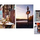 Texte: „Café crème. La vie est belle au milieu des livres." Vier Fotos: Frau im Café, Pariser Brücke, Bücherstapel im Fenster, Frau kauft Brot.