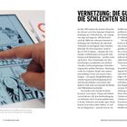 Text: Vernetzung: Die guten und die schlechten Seiten.

Links: Ein Finger zeigt auf ein Tablet mit einem Manga in schwarz-weiß.