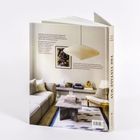 Ein Raum mit beigen Sofas, Couchtisch, Teppich. Oben hängt eine Lampe, daneben ein Bild an der Wand.