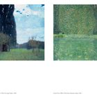 Links: Große Pappel vor blauem Himmel, grüne Wiese. Rechts: Grüner Park mit See, dichter Baumbestand.