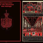 "Kronleuchter für die Hochzeit des Königs" in roter Schrift, Illustration eines Kronleuchters, Comicszene von Versailles mit Text.