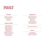 Texte: INHALT, Frühstück, Hauptgerichte, Vorspeisen/Salate, Dessert. Eine Speisekarte mit Gerichten und Seitenzahlen.