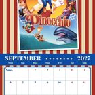 September 2027 Kalenderseite mit Pinocchio Illustration, klassische Disney Charaktere und der Wal, künstlerisch bunt dargestellt.