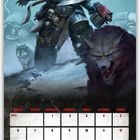 Kalendereintrag: Dezember, mit Wochenbeginn am Montag. Illustration eines gepanzerten Kriegers im Schnee, begleitet von einem Wolf.