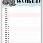 "Mum you are my world." Illustration einer glücklichen Katze mit roter Schleife. Darunter ein Kalender für Dezember 2027.