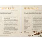 Zwei Rezepte: "Kartoffelsalat arlesische Art" und "Linsensalat mit Ziegenkäse" mit Zutatenlisten und Zubereitungsanweisungen.