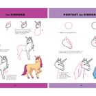 Links: "Das Einhorn", Zeichenschritte zur Einhornzeichnung. Rechts: "Porträt des Einhorns", Schritte für ein Einhorn-Porträt.