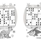 "Schwierigkeit ★" auf Seiten 28 und 29; Links Leopard, rechts Hai, beide mit breitem Grinsen, von Sternen umgeben.