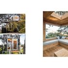 Seite 22. Ein modernes Baumhaus, außen und innen, mit großen Fenstern und Holzausstattung.