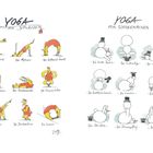 "Yoga für Schweizer" und "Yoga für Schneemänner". Illustrationen von Figuren in lustigen Yoga-Posen, z.B. "Der Emanuela."