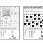"Die Buchstaben der Wörter sind alphabetisch geordnet." Zwei Rätsel; links Buchstabenpuzzle, rechts Zahlenrätsel. Kalender unten.
