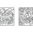 Links ein Café-Schriftzug, rechts drei Tierfiguren an einem Tisch mit Gebäck, umgeben von Bücherregalen. Illustration.