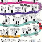 Eine humorvolle Illustration zeigt Szenen einer Club-Warteschlange mit witzigen Texten, die menschliche Verhaltensweisen darstellen.