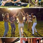 Oben dehnt sich ein Mann im Park. Darunter tanzt eine Gruppe Jugendlicher im Sonnenschein. Rechts: Sauna, Billardspiel.