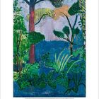 Kalenderseite mit Februar 2024 unten. Illustration: Bunte Landschaft mit Bäumen und Pflanzen.