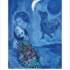 Kalenderblatt Februar 2024, Illustration von Marc Chagall, blau dominiert mit Menschen und Vogel in surrealer Szene.