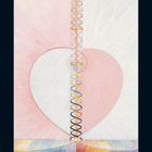 Februar 2021 in einem Kalender. Illustration mit Spiralen, Herzform und abstrakten Farbfeldern in Pastelltönen.