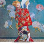 Kalenderblatt: Februar 2017. Eine Frau im Kimono mit Fächer, umgeben von japanischen Fächern. Gemälde.