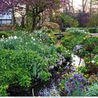 Kalender mit Monatsübersicht und Gießkannen auf Steinplatte, dahinter bunte Tulpen in einem üppigen Garten.