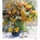 Kalenderblatt für Februar 2027. Ein großer Strauß bunter Blumen in einer grünen Vase.